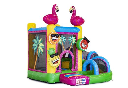 Pequeno castelo insuflável multijogador com tema flamingo para crianças. Encomende castelos insufláveis ​​online na JB Insufláveis ​​Portugal