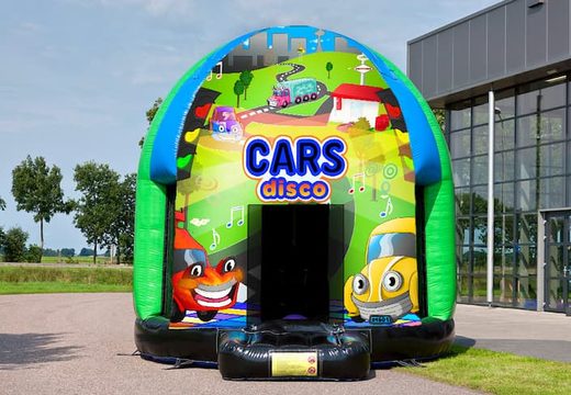 Compre agora um castelo inflável de 4,5 m com vários temas de discoteca no tema Carros para crianças. Encomende castelos insufláveis online na JB Insufláveis Portugal