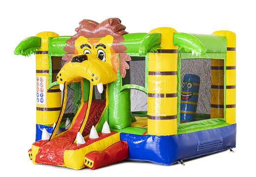 Compre um pequeno castelo inflável com o tema slide em leão para crianças. Encomende castelos insufláveis com escorregador na JB Insufláveis Portugal