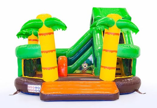 Funcionalidade Jungle insuflável com um slide no interior, o objeto 3D na superfície de salto e divertido design da selva para as crianças. Compre castelos insufláveis ​​online na JB Insufláveis ​​Portugal