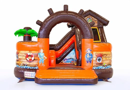 Compre um castelo insuflável multifuncional Pirata Funcional com escorregador para crianças. Encomende castelos insufláveis ​​online na JB Insufláveis ​​Portugal