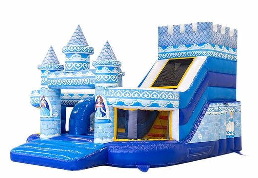 Compre um grande castelo insuflável multijogador azul aberto com escorregador em tema de princesa para crianças. Encomende castelos insufláveis ​​online na JB Insufláveis ​​Portugal