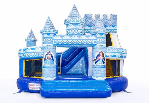 Compre um castelo insuflável de princesa multifuncional azul com um escorregador para crianças. Encomende castelos insufláveis ​​online na JB Insufláveis ​​Portugal