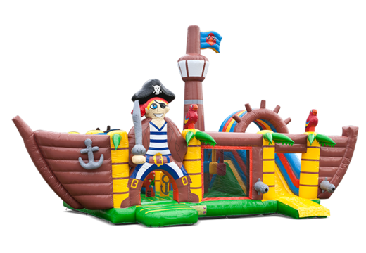 Compre um grande castelo insuflável multijogador interno com escorregador com o tema pirata XXL para crianças. Encomende castelos insufláveis ​​online na JB Insufláveis ​​Portugal