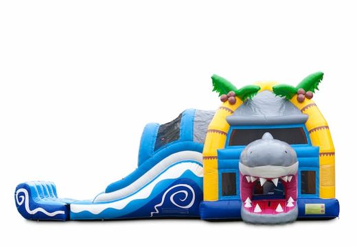 Compre um grande castelo insuflável multijogador interno com slide em tema de tubarão para crianças. Encomende castelos insufláveis ​​online na JB Insufláveis ​​Portugal