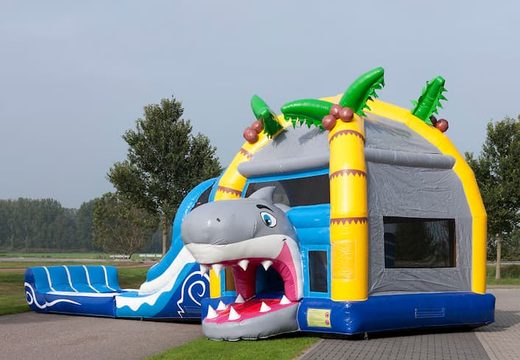 Multiplay Shark super castelo insuflável com escorregador duplo e piscina infantil para adultos e crianças. Encomende castelos insufláveis ​​online na JB Insufláveis ​​Portugal