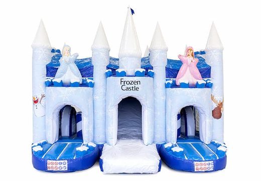Ordene um castelo insuflável azul e branco no tema gelo em um design exclusivo, um slide e objetos 3D para crianças. Compre castelos insufláveis ​​online na JB Insufláveis ​​Portugal