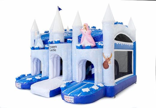 Compre um grande castelo insuflável multijogador coberto azul e branco com escorregador em gelo temático congelado para crianças. Encomende castelos insufláveis ​​online na JB Insufláveis ​​Portugal