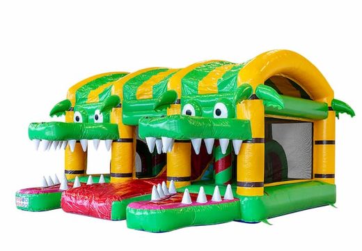 Compre um grande castelo insuflável xxl interno com escorregador com tema de crocodilo para crianças. Encomende castelos insufláveis ​​online na JB Insufláveis ​​Portugal