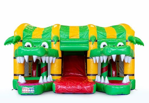 Multijogador XXL Crocodile castelo insuflável em um design único com duas entradas, um slide no meio e objetos 3D para crianças. Compre castelos insufláveis ​​online na JB Insufláveis ​​Portugal