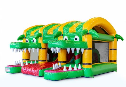 Castelo insuflável de crocodilos multijogador interno em designs exclusivos, com um slide e objetos 3D para crianças. Encomende castelos insufláveis ​​online na JB Insufláveis ​​Portugal