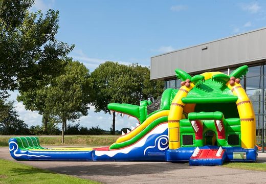 Castelo insuflável multijogador de crocodilos com escorregador duplo e piscina infantil para adultos e crianças. Compre castelos insufláveis ​​online na JB Insufláveis ​​Portugal