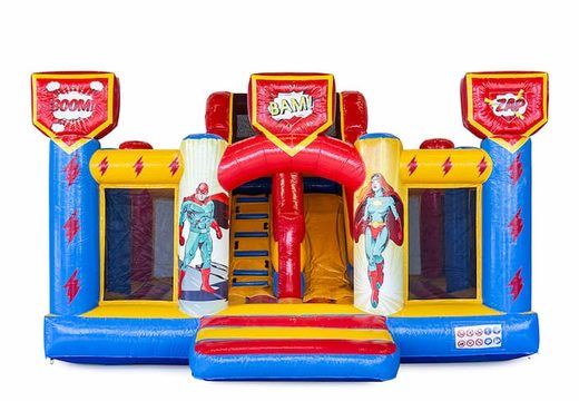 Encomende o castelo insuflável Slidebox Super heroi com escorregador para crianças. Compre insufláveis ​​online na JB Insufláveis ​​Portugal