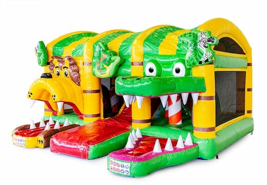 Compre um castelo insuflável interno com slide no tema do mundo da selva para crianças. Encomende castelos insufláveis ​​online na JB Insufláveis ​​Portugal