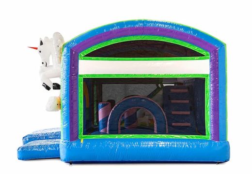 Compre um castelo insuflável de unicórnio em um design exclusivo com duas entradas, um slide no meio e objetos 3D para crianças. Encomende castelos insufláveis ​​online na JB Insufláveis ​​Portugal