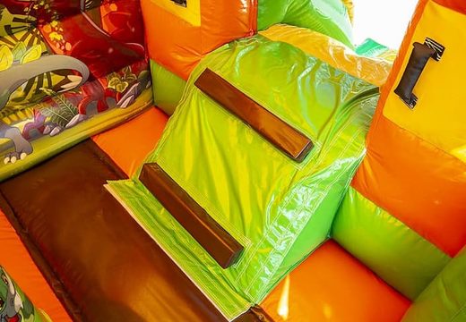 Mini castelo insuflável multifunções de uso comercial verde e laranja com escorregador à venda na JB Insufláveis ​​Portugal online