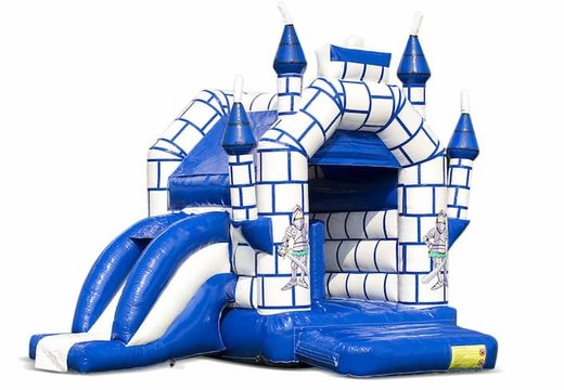 Castelo insuflável multifun da Midi no tema do castelo em uma combinação de cores de azul e branco, para crianças à venda. Disponível online em JB Insufláveis ​​Portugal