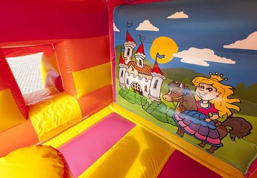 Castelo insuflável multifun da Midi no tema princesa para crianças à venda em uma combinação de cores rosa amarelo e laranja. Castelos insufláveis ​​online disponíveis em JB Insufláveis ​​Portugal