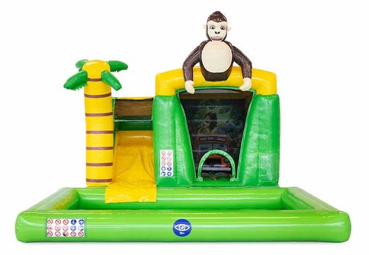 Compre o mini castelo insuflável verde respingo no tema da selva com o objeto 3D de um gorila no topo. Encomende castelos insufláveis online na JB Insufláveis ​​Portugal