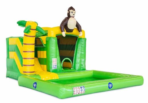 Compre um pequeno castelo insuflável splash verde para crianças no tema selva com um objeto 3D de um gorila no JB Insufláveis ​​Portugal