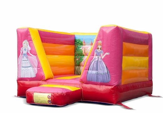 Compre um pequeno castelo insuflável aberto rosa, amarelo e laranja com tema princesa para crianças. Bounce houses estão disponíveis online em JB Insufláveis ​​Portugal