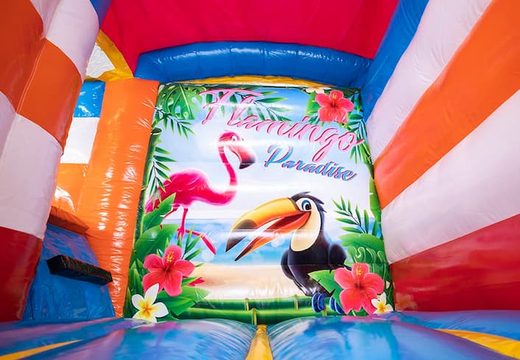 Encomende um mini splash castelo insuflável multifuncional com o tema flamingo da JB Insufláveis ​​Portugal. Compre castelos insufláveis online na JB Insufláveis ​​Portugal