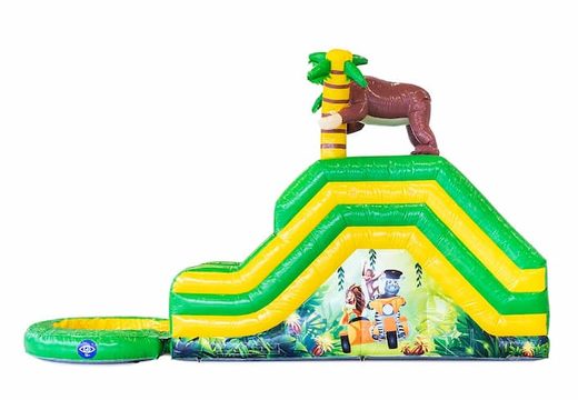 Compre um castelo insuflável com toboágua no tema selva com um objeto 3D de um gorila no JB Insufláveis ​​Portugal. Encomende castelos insufláveis online na JB Insufláveis ​​Portugal