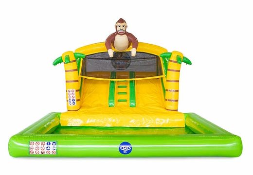 Multijogador selva castelo insuflável de slide splashy com um objeto 3D de um grande gorila em cima para as crianças no JB Insufláveis ​​Portugal. Encomende castelos insufláveis online na JB Insufláveis ​​Portugal