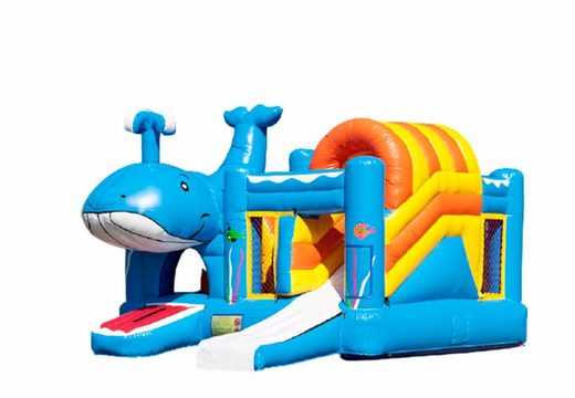 Compre um castelo insuflável multijogador e obstáculos com tema de baleia e escorregador para crianças. Encomende castelos insufláveis ​​online na JB Insufláveis ​​Portugal