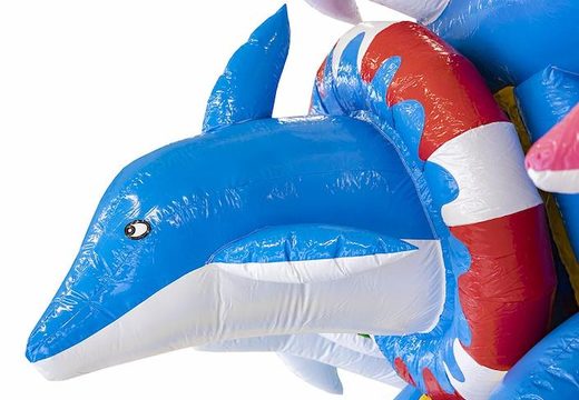 Encomende o castelo inflável inflável no tema golfinho em azul para crianças