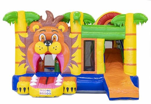 Castelo inflável multijogador com tema de leão com escorregador e obstáculos à venda para crianças