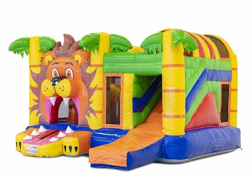 Castelo insuflável com tema de leão multijogador com escorregador e obstáculos para crianças
