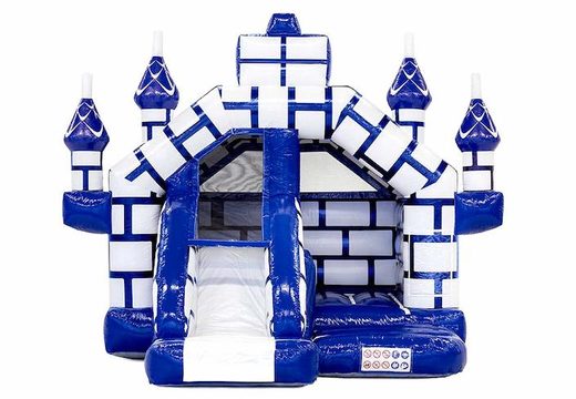 Encomende o castelo inflável inflável combinado com slide no tema do castelo com azul e branco para crianças