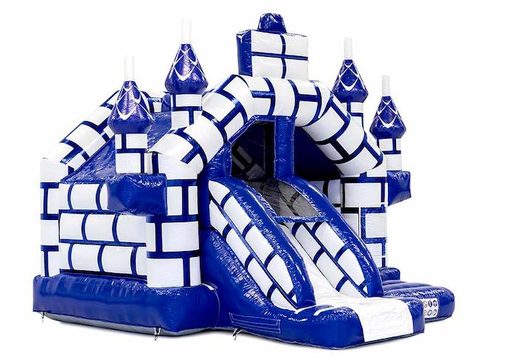 Encomende a espreguiçadeira inflável combo com slide no tema do castelo com azul e branco para crianças