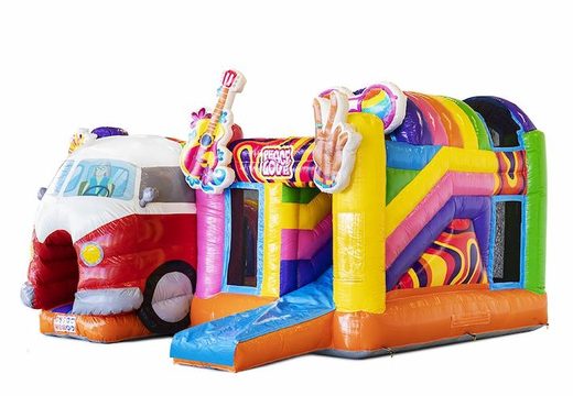 Almofada de ar inflável tema hippie com escorregador com carrinha Volkswagen à venda para crianças