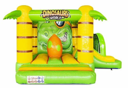 Compre castelo inflável inflável com slide no tema dino em verde com amarelo para crianças