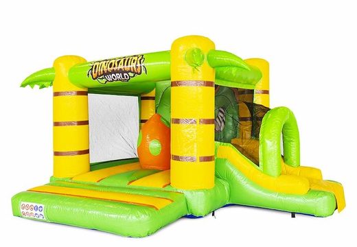 Encomende o castelo inflável inflável com slide no tema dino em verde com amarelo para crianças