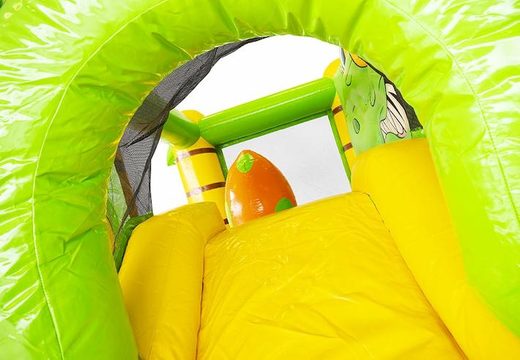 Almofada de ar inflável compacta no tema dino, incluindo slide para crianças