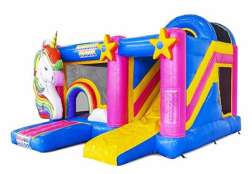 Encomende castelo inflável inflável com slide no tema unicórnio para crianças