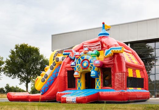 Compre Multiplay super inflável castelo inflável com escorregador no tema montanha-russa vermelho para crianças