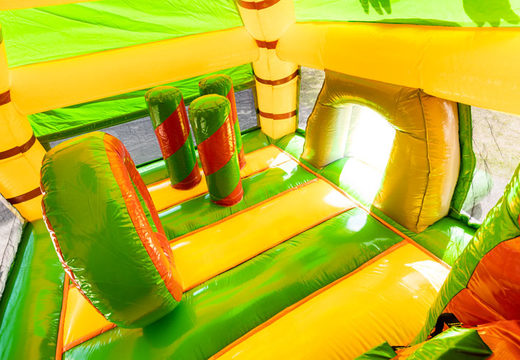 Almofada de ar multiplay tema super dino com área de salto e ordem de slides para crianças