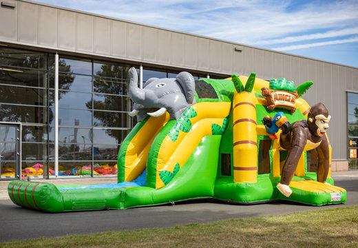 Bouncer multi super inflável com slide no tema da selva verde amarelo para venda para crianças