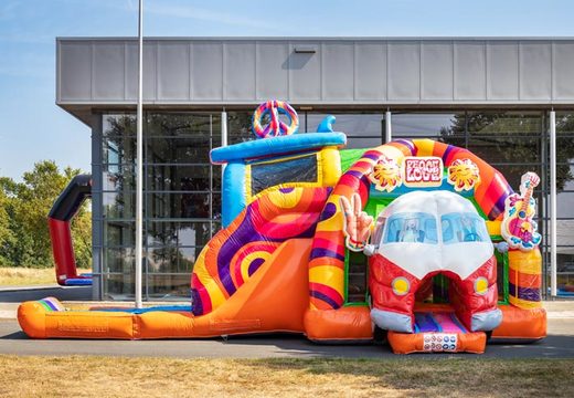 Compre castelo inflável multiplay super inflável no tema hippie com muitas cores para crianças