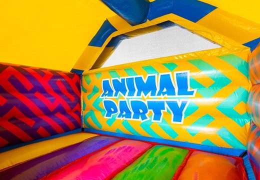 Compre almofada de ar inflável com slide em festa animal e muitas cores para crianças