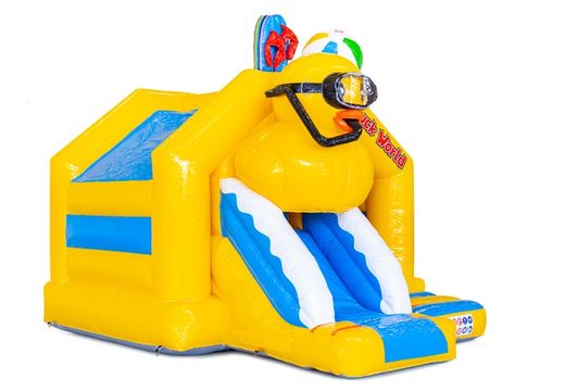 Castelo inflável amarelo com azul e compre um pato de banho nele para crianças