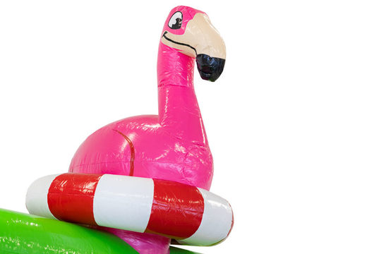 Compre um insuflável insuflável no tema Flamingo com estampas a condizer com o tema para crianças. Encomende castelos insufláveis ​​online na JB Insuflaveis Portugal