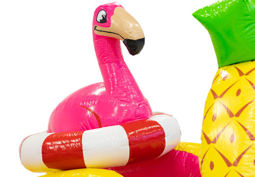 Compre um insuflável insuflável no tema Flamingo com estampas a condizer com o tema para crianças. Encomende castelos insufláveis ​​online na JB Insuflaveis Portugal