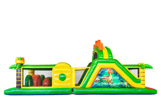 Ordene um 13 metros castelo inflável com pista de obstáculo no tema Dinossauro para crianças. Compre pistas de obstáculos infláveis ​​agora online em JB Insuflaveis Portugal