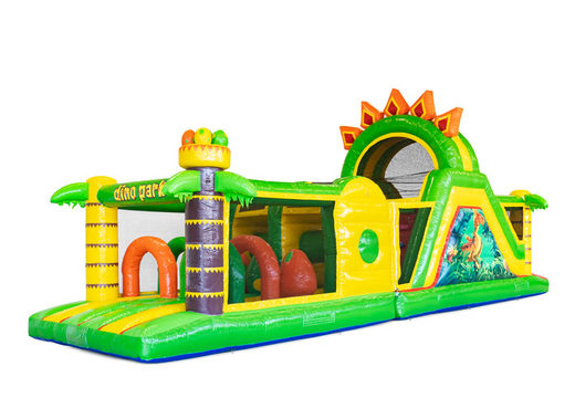 Compre um 13 metros castelo inflável com pista de obstáculo no tema Dinossauro para crianças. Ordene pistas de obstáculos infláveis ​​agora online em JB Insuflaveis Portugal