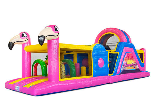 Compre um 13 metros castelo inflável com pista de obstáculo no tema Flamingo  para crianças. Ordene pistas de obstáculos infláveis ​​agora online em JB Insuflaveis Portugal